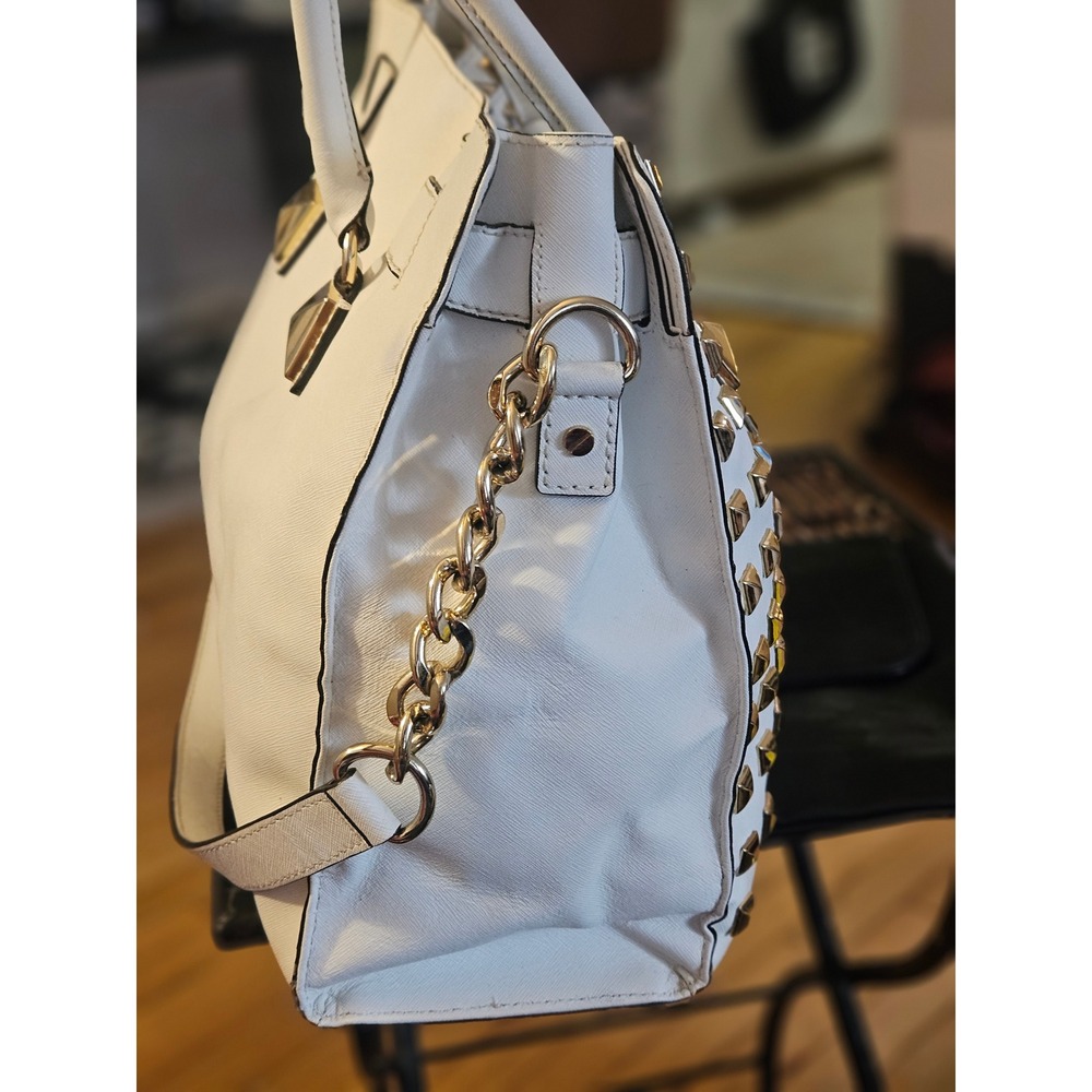 Michael Kors Hamilton Satchel White Saffiano Leather Gold Studded MK Padlock Bag - Picture 10 of 14